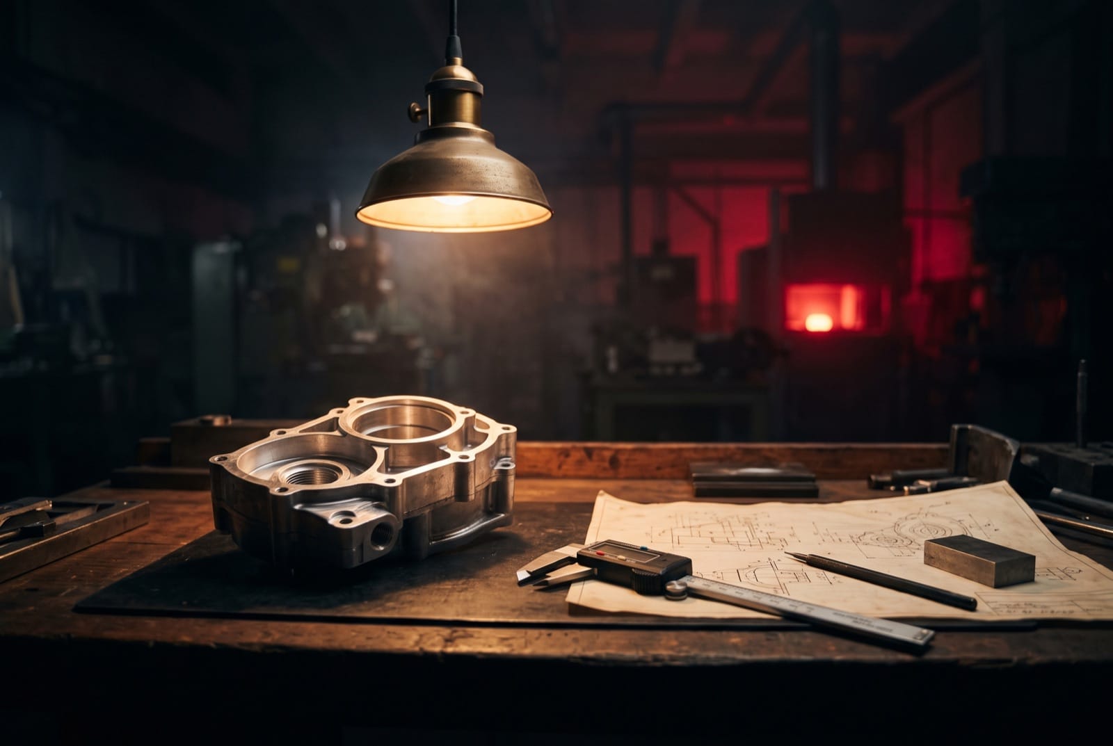 Engineering bench with a machined prototype, drawings and calipers under a work lamp